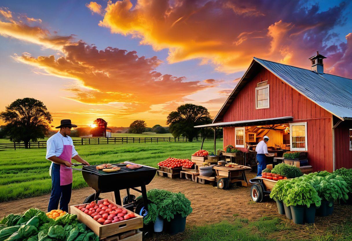 A rustic Texas farm scene featuring lush green pastures, vibrant vegetables, and a wooden barn. Highlight a chef preparing gourmet burgers on a grill with fresh ingredients like tomatoes, lettuce, and artisan buns. Include a sunset sky with warm hues in the background, symbolizing the journey from farm to table. super-realistic. vibrant colors. warm tones.