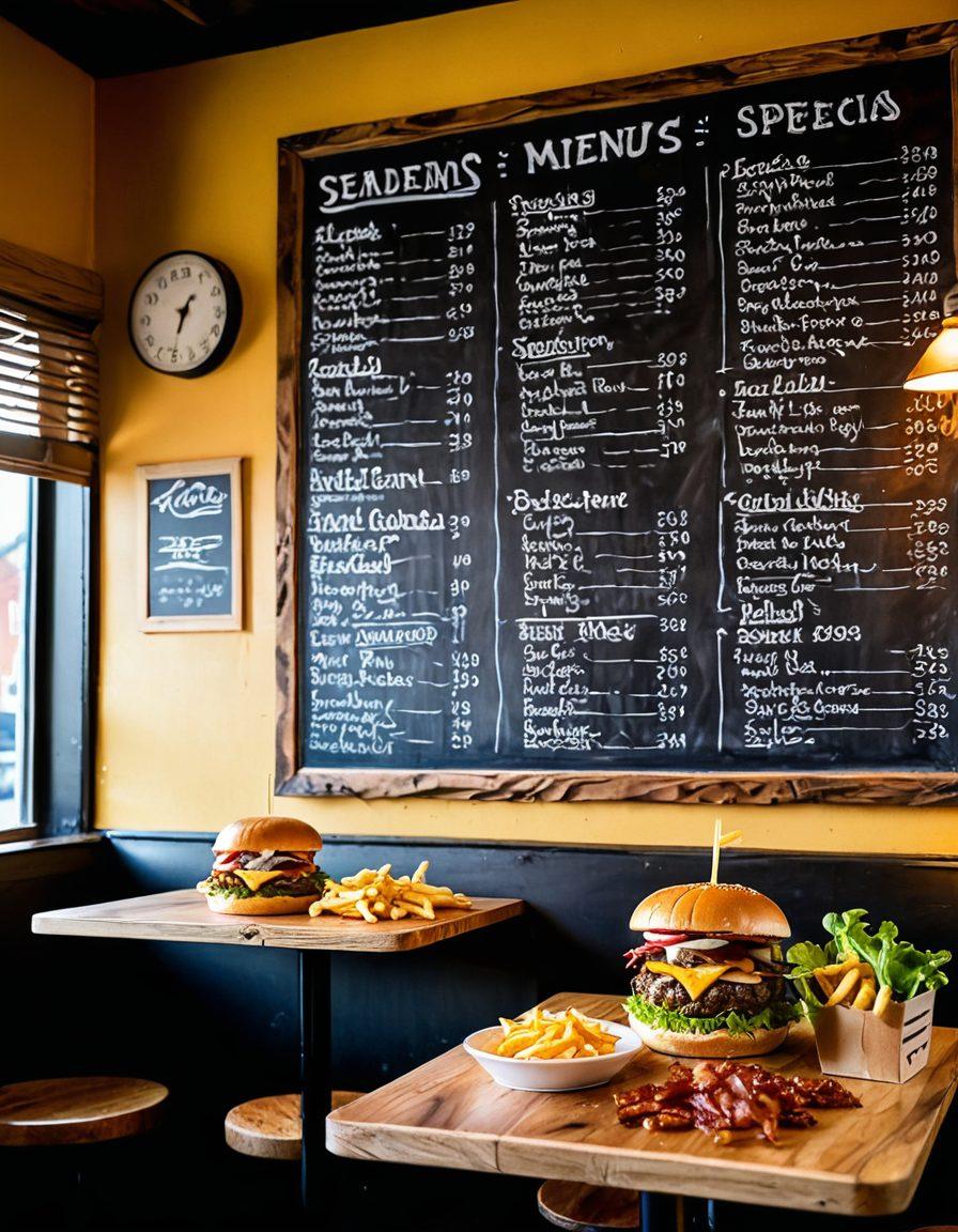 A rustic country burger joint filled with warm, golden light, showcasing a mouth-watering burger stacked with fresh ingredients and a side of crispy fries, surrounded by happy customers sharing laughter and stories, a chalkboard menu with hand-drawn specials in the background. super-realistic. vibrant colors. cozy atmosphere.