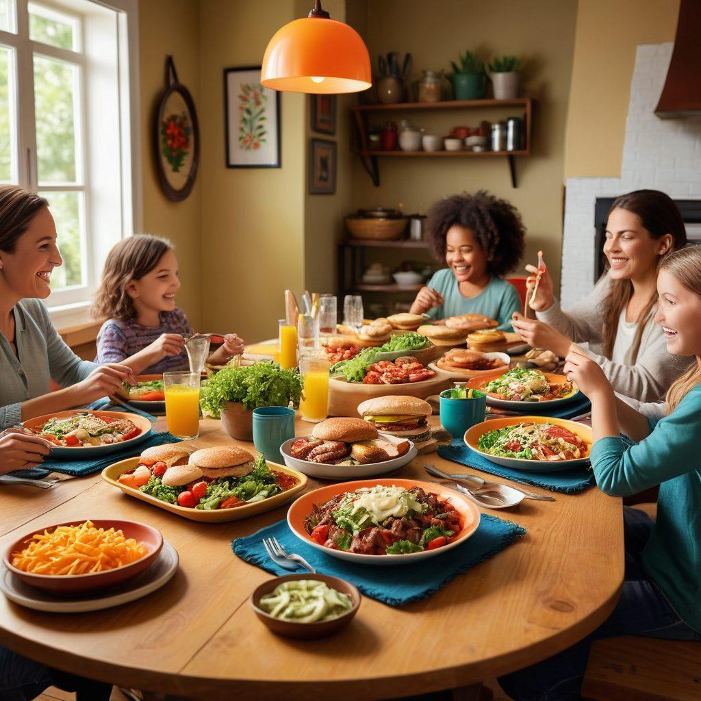 A vibrant family dining table filled with an array of comfort foods, like burgers, pizza, and colorful salads, bustling with laughter and joy. The backdrop showcases a cozy community setting with children playing nearby and families enjoying their meals together. Brightly colored plates and utensils enhance the warm atmosphere, symbolizing togetherness and happiness. super-realistic. vibrant colors. warm lighting.